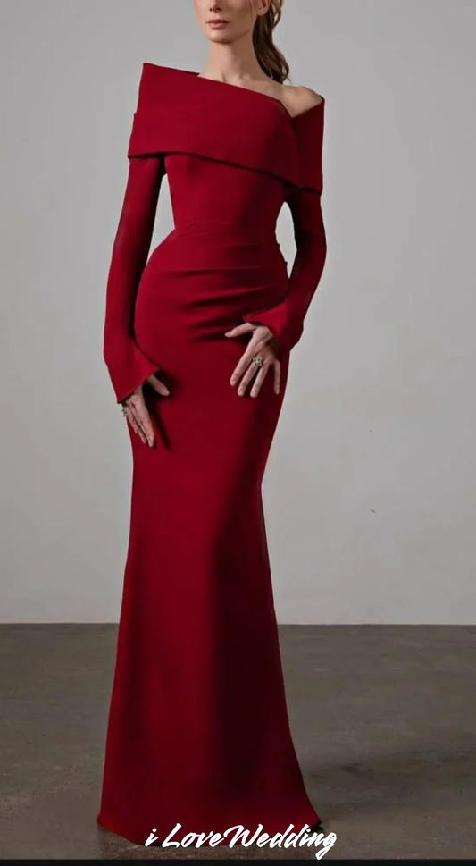 Red off the Shoulder Evening Dress Tight Mermaid Long Sleeve Bridesmaid Dress 2025 Satin Formal Dress Pleated Corset Customized