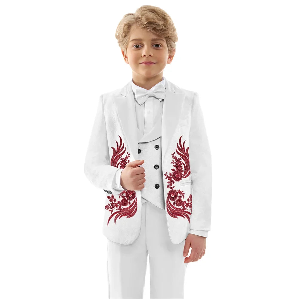 Luxurious Beaded Appliques Suit Set 4 Pieces For Boys Jacquard Kids Suits Performance Costumes Handsome Party Tuxedo