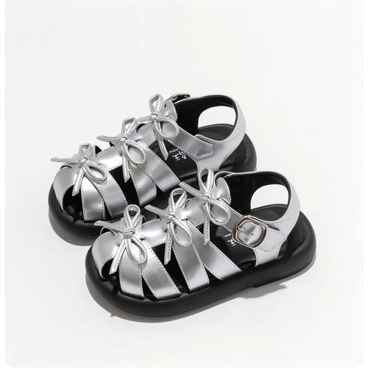 Kids'Casual Shoes Sandals PU Leather Bow Fashion Summer Shoes For Girls Hook and Loop Anti-slip Silver Black Shoes Size 26-36