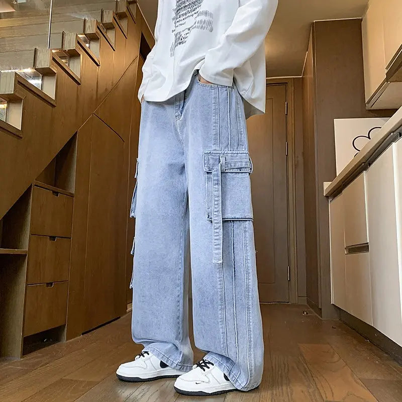 Autumn New Men's Loose Jeans Multi-pocket Work-wearing Jeans Street Hip-hop Straight Wide-leg Pants Baggy Dance Pants