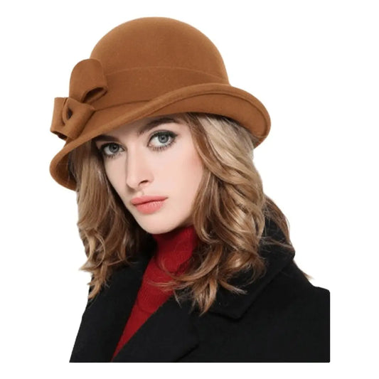 Vintage Style Wool Felt Bucket Hat Classic Design Elegant Shape Vintage Cloche Fedora Cap with Bow Decoration Female Bowler Hat