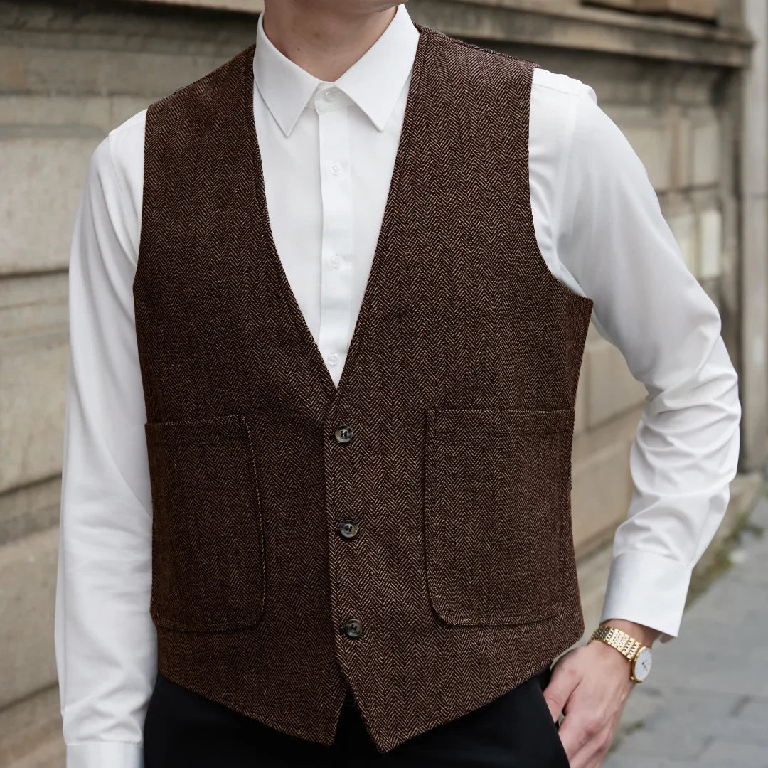 Men Vest Gray Herringbone V Neck Single Button Waistcoat For Wedding Prom Business Casual Formal Daily Office Work Men Suit Vest