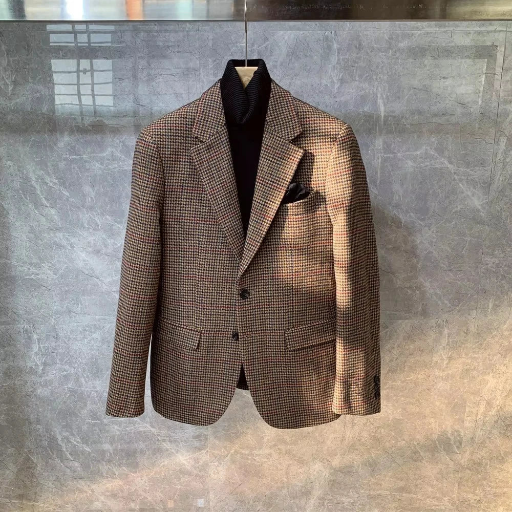 Vintage British Windsor Men's Tweed Blazer Slim Fit Houndstooth Plaid Wool Suit Thick for Autumn Winter