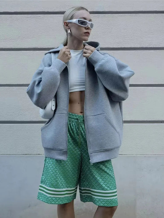 Autumn Women Casual Hooded Jacket Loose Oversize Zipper Hoodie Sweatshirts Solid Coat Office Lady Chic Outwear Tops