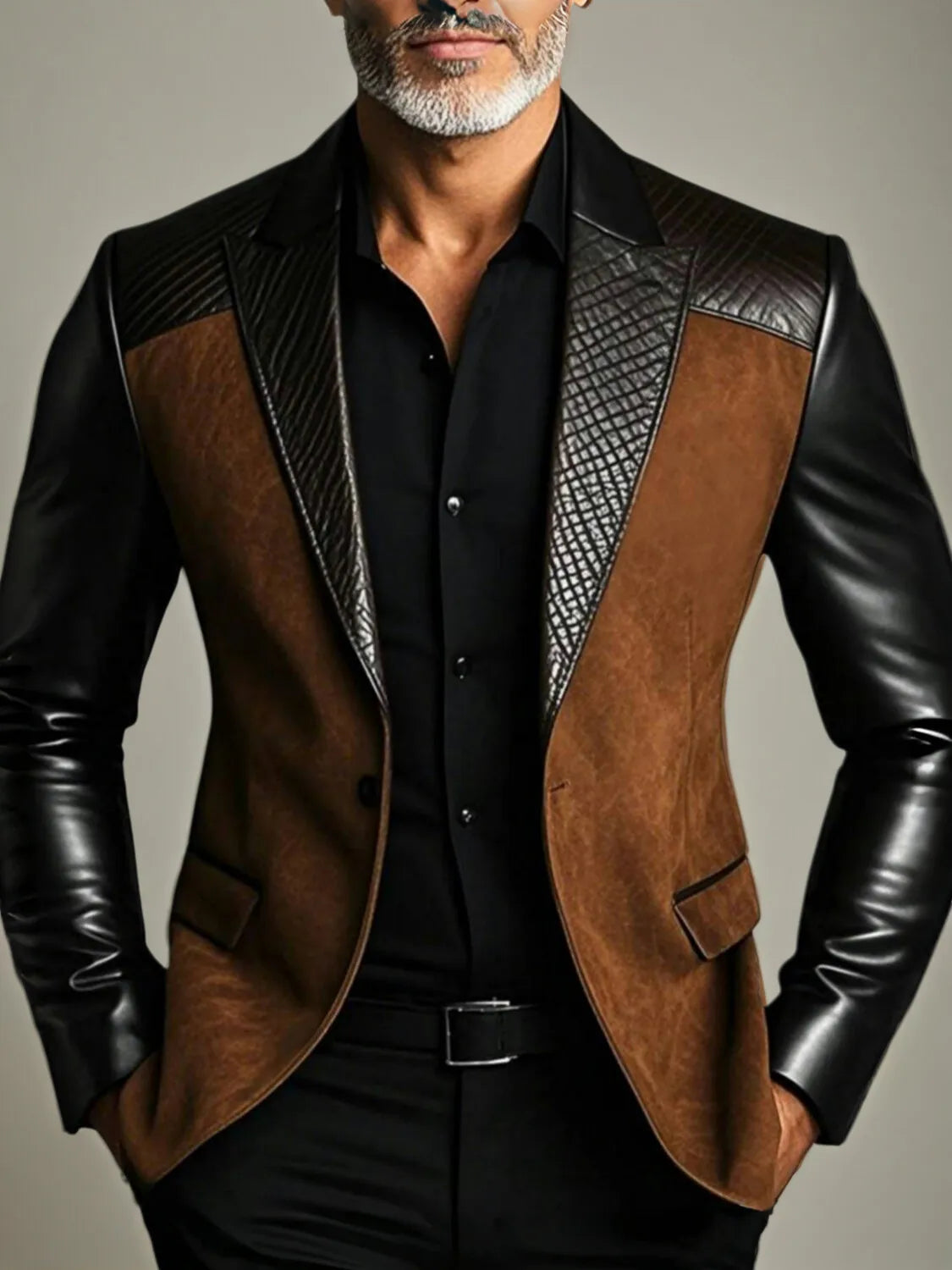 Designer Classic Men's Suit Coat PU Sleeve Splicing Notched Lapel Tuxedos Peaked Breasted Groom Wear Business Party Blazer