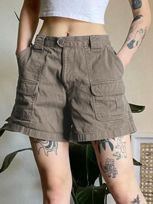 American Retro Washed Pocket Straight Leg Workwear Shorts for Female Boyfriend Mid Waist Casual Jeans Loose Pants Trendy Ins