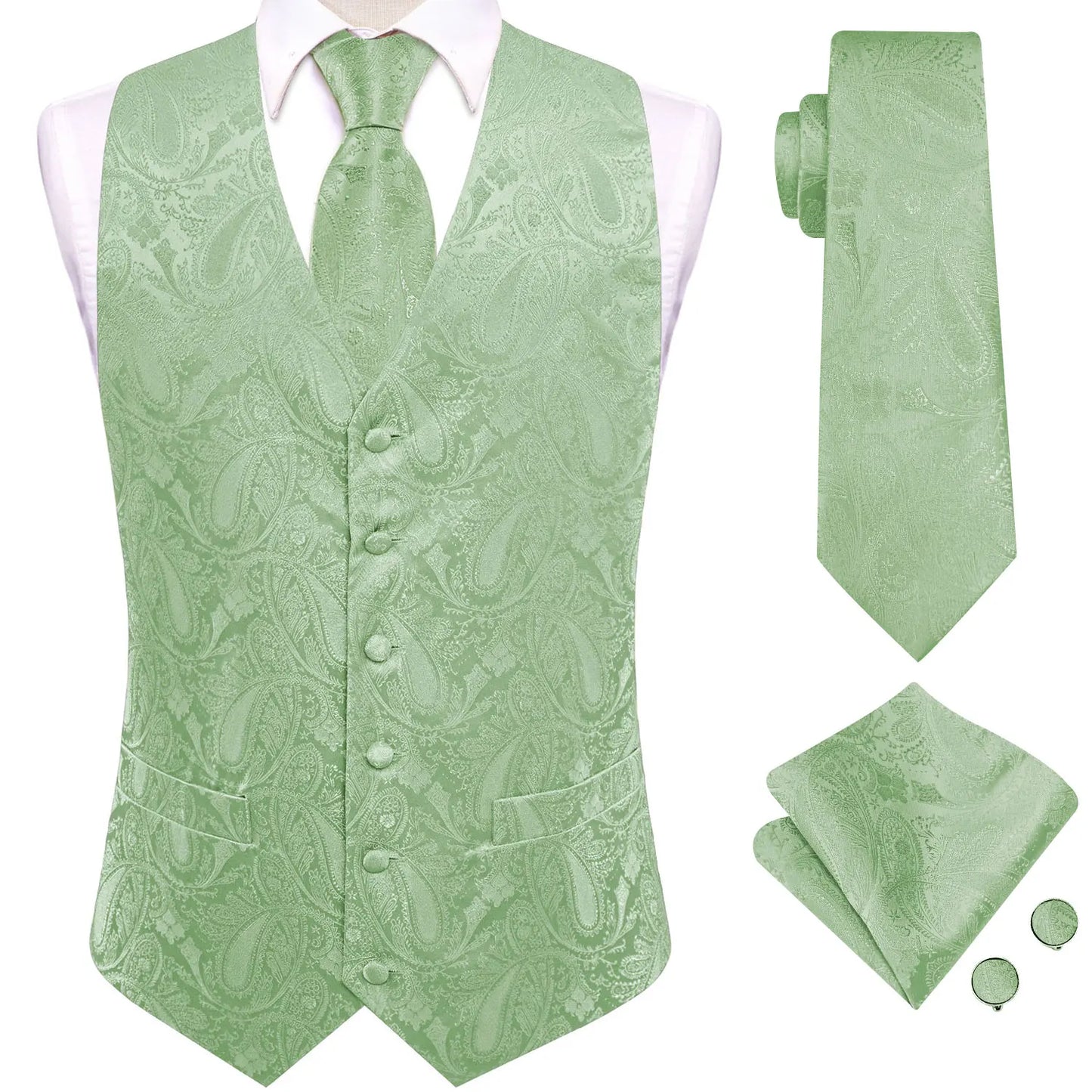 Mens Suit Vests Jacquard Woven Paisley Waistcoat Tie Hankerchief Cufflinks Set Green Teal Mint for Men Weddding Business Party