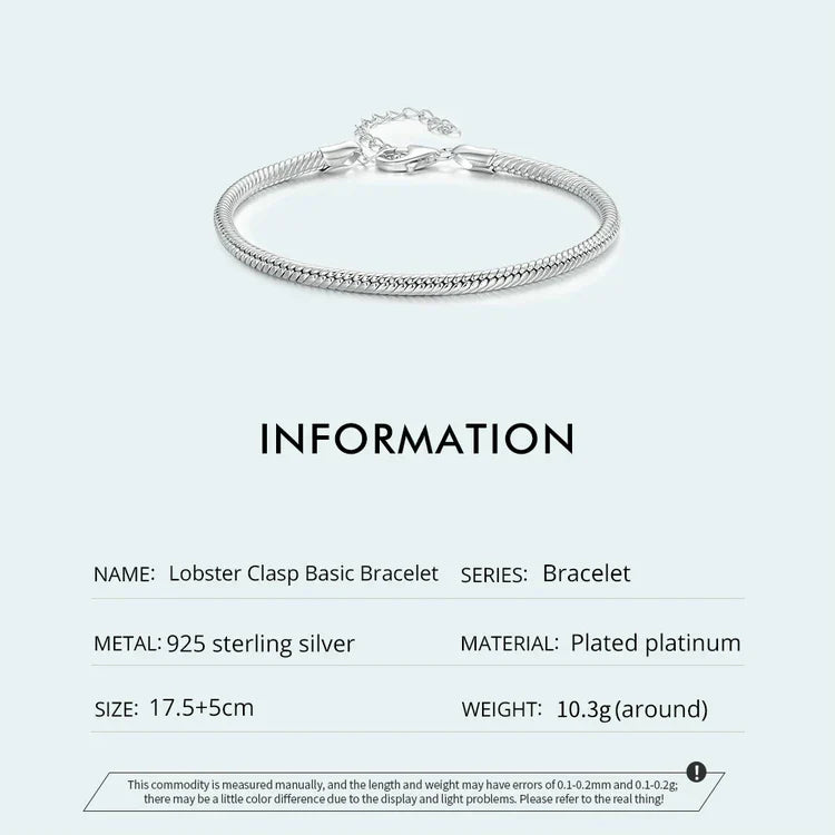 Original 925 Sterling Silver Basic Bracelet Lobster Clip Snake Chains Infinite Love Clasp DIY Jewelry Beads for Women Gift