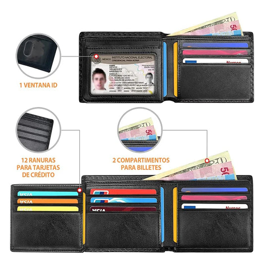 Portefeuille Tri-Fold Minimaliste et Fin en Fibre de Carbone avec Blocage RFID pour Homme, Fenêtre d'Identité et 9 Fentes pour Cartes