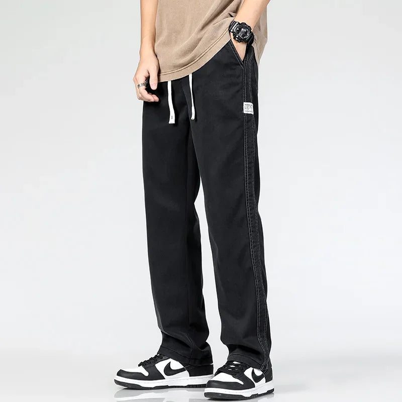 Summer Thin Loose Wide-leg Men Jeans Soft Lyocell Elastic Fashion Casual Straight Drawstring Denim Trousers Black Blue Gray