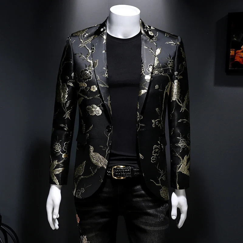 New Vintage Luxurious Jacquard Floral Suit Jacket Men Wedding Banquet Club Party Dress Singers Tuxedo Slim Fit Blazers Hommes