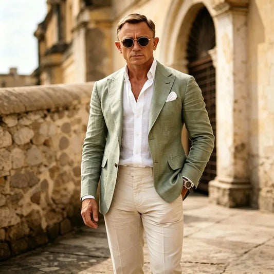 Sage Green 2 Pieces Men Suits Summer Lightweight Linen Slim Fit Casual Wedding Prom Party Blazer Jacket & Pants Set Breathable