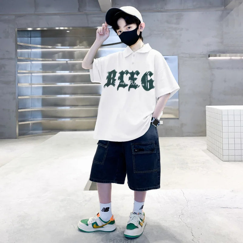 Korean Kids Boy Suit Summer Set Fashion Teenager Child Clothes Set Cotton Polo Shirt + Shorts 2pcs Outfits Tracksuit Costume
