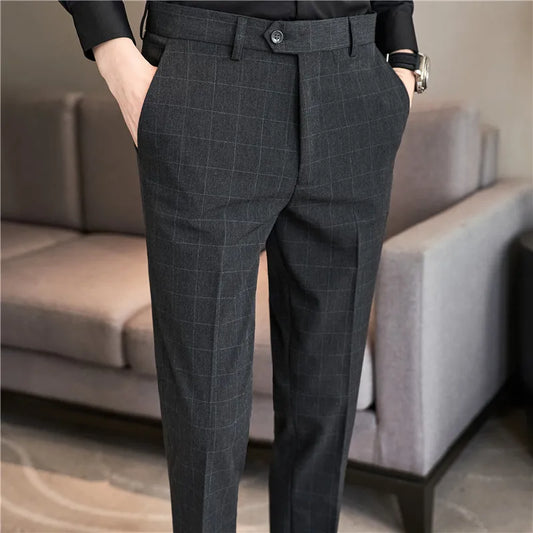 2026 High Quality Men's Plaid Striped Suit Pants Fashion Business Slim Fit Casual Straight Pants Formal Wedding Party Trousers