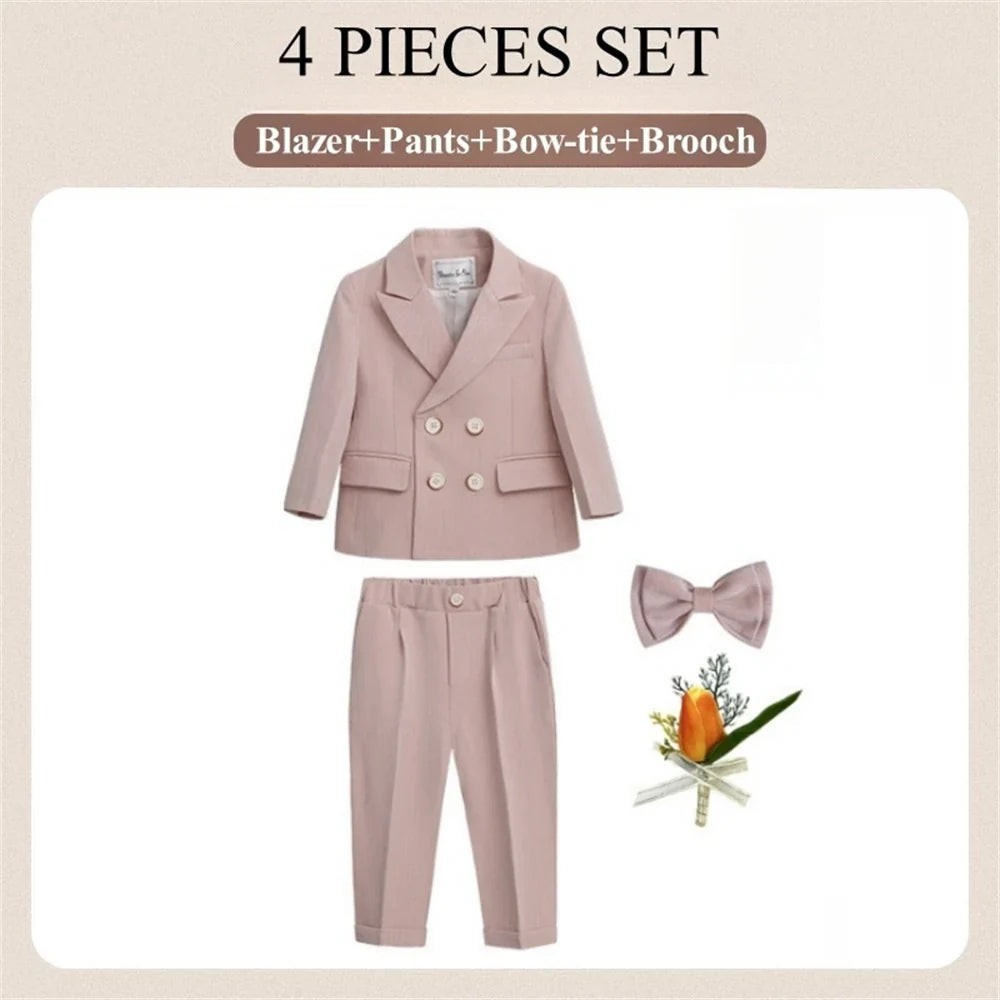 2-14 Yrs Toddler 3-Piece Suit Set Double Breasted Suit Jacket Pants Bowtie Birthday Communion Party Suit for Children