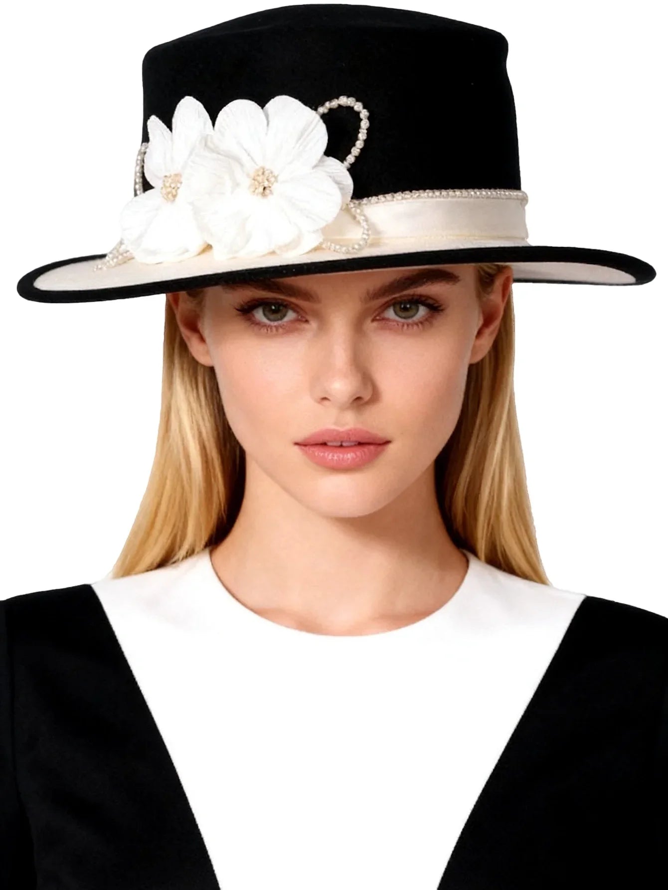 Women's Black/White Flat Top Wool Felt Fedora Hat with Flower Faux Pearl Detail Winter Dress Cap Stylish French Millinery