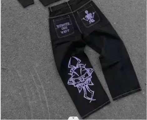 Mens Jeans Harajuku Vintage Gothic Punk Dark Grey Cargo Denim Pants Metal Buckles Chains Multi Pocket Adjustable Strap Y2K New