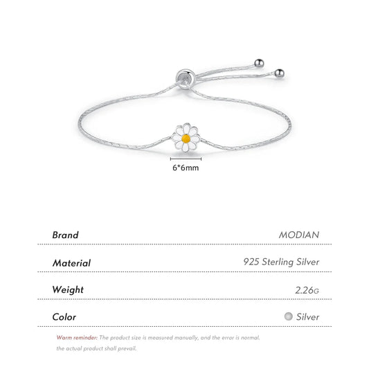 Bracelet en argent sterling 925 avec fleurs marguerites en émail, chaîne serpent ajustable, tendance, pour femme, cadeaux de Saint-Valentin