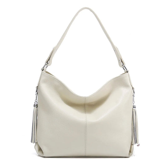 Elegant Beige Women Genuine Leather Handbag Hobo Bag Fashion Crossbody Tassel Big Capacity Shopper Tote Purse Sac Hot Sale