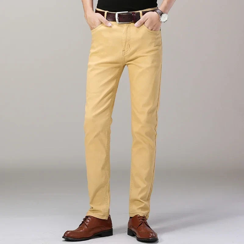 Men's Jeans Pure White Fashion Elastic Slim Youth Slimming Straight Leg Male Pants Business Casual Middle Age High End Trousers