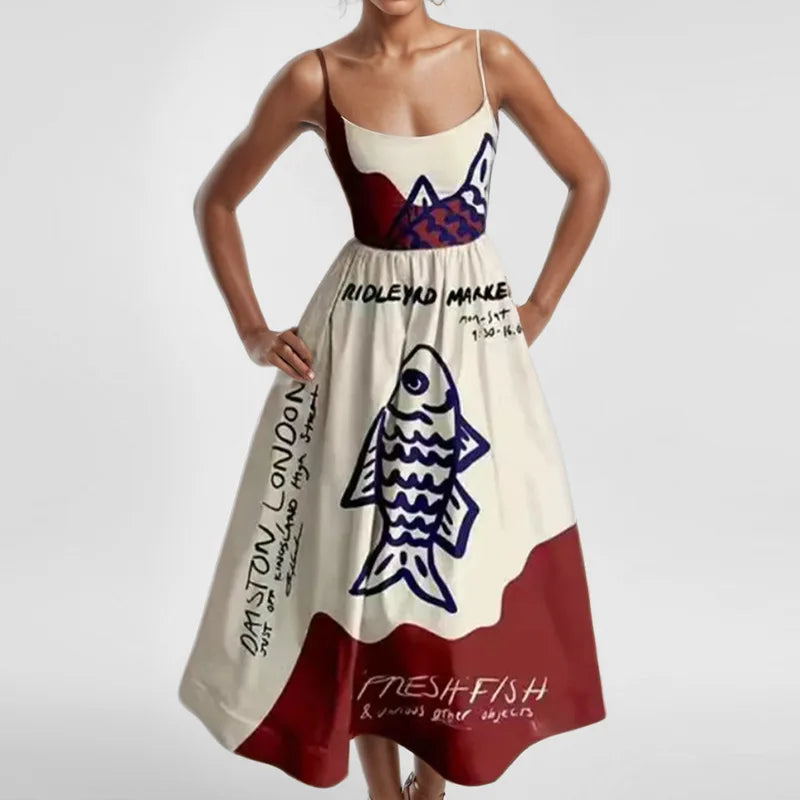 Fashion Women Print Suspenders Blue Ocean Fish Pattern Sexy Long Dress 2025 New Spring Summer Temperament Maxi Dresses