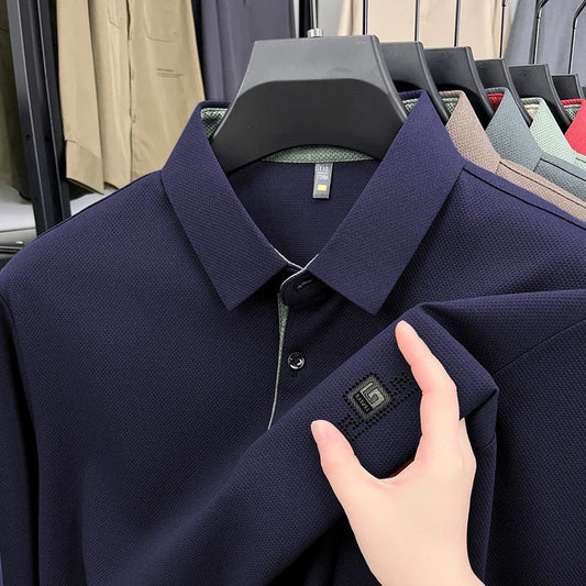 High End Brand Quality Men's Polo Shirt Autumn Exquisite Solid Color Letter Print Lapel Long Sleeve Business Classic Menswear