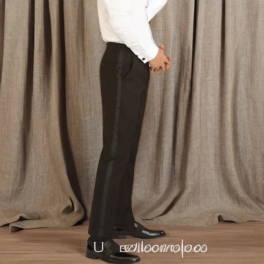 Black Men Suit Pants with Side Satin Stripe One Piece Slim Fit Formal Male Trousers Official Fashion Italian Style