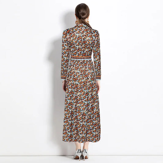 2024 Autumn New Women's European and American Versatile Waist and Slimming Letter Positioning Printed Dress A-line Long Dress