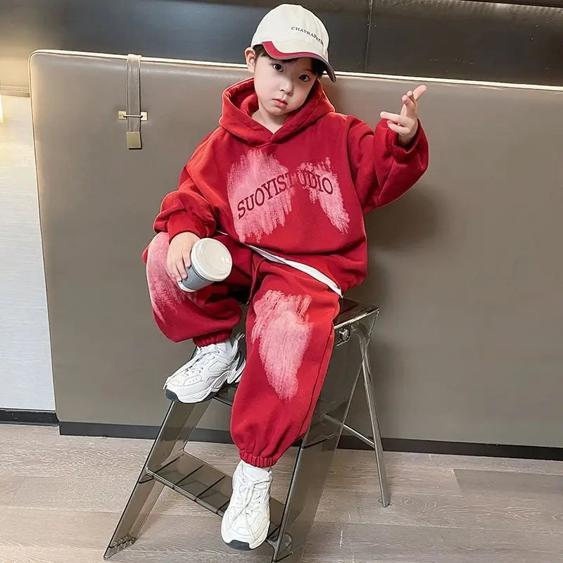 Print Hoodies Set Korean Kids Clothes Children 4 7 Years Clothing Children's From 8 12 Top Bottom Boys Boy Autumn Winter Child