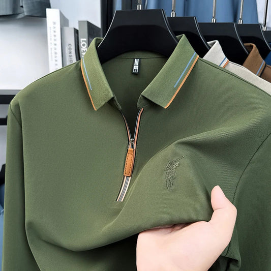 Men's Cotton Long Sleeved T-shirt with Collar Polo Shirt High-end Embroidered Top Autumn Loose Base Shirt