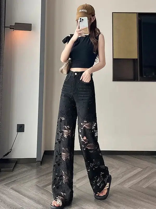 2025 Women's Denim Baggy Jeans flared Black Pants Diamonds Patchwork Lace Hollow Out Embroidery Straight New Summer Fashion