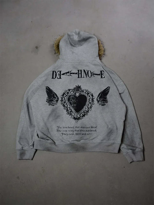 Winter Fashion Streetwear Women's Gothic Printed Faux Fur Hooded Jacket Trendy Edgy Zip - Up Sweatshirt 2026 New Arrival