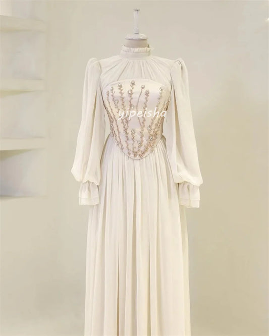 Customized Exquisite Chiffon Draped Sequined Rhinestone A-line High Collar Long Dresses Bespoke Occasion Dresses Formal Retro