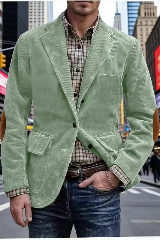 Men's Hunting Corduroy Blazer with Elbow Patches Vintage Tan Notched Lapel Casual Jacket British Slim Fit Daily Work Suit Coat
