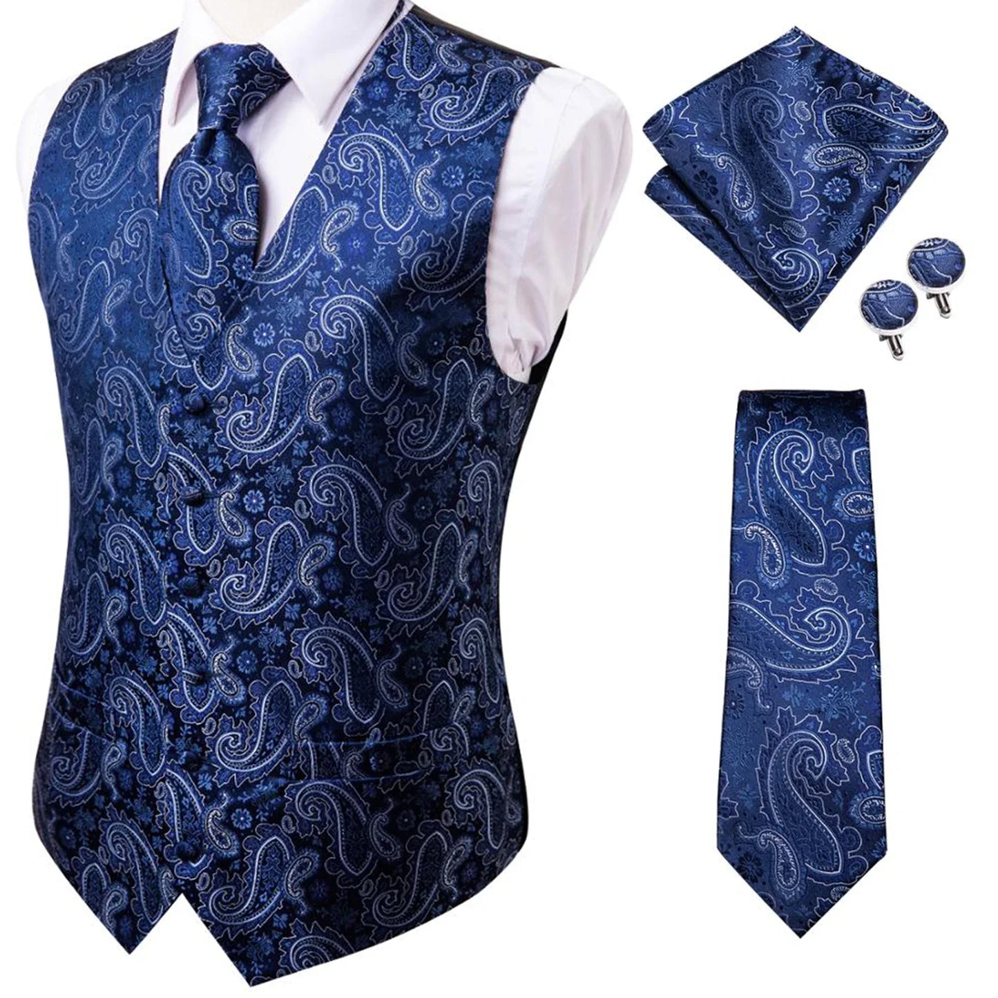 Adult Men's Vest for Suit Luxury Paisley Floral Plaid Suit Vest and Tie Set Blue Gold Red Sliver Wedding Vest Men