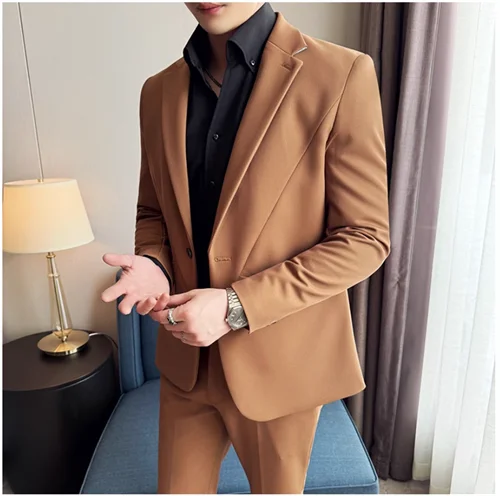 (Jacket+Pant) New Men Pure Color Business Social Wedding Party Suit Fashion Male Banquet Party Slim Fit Dress Blazer and Trouser