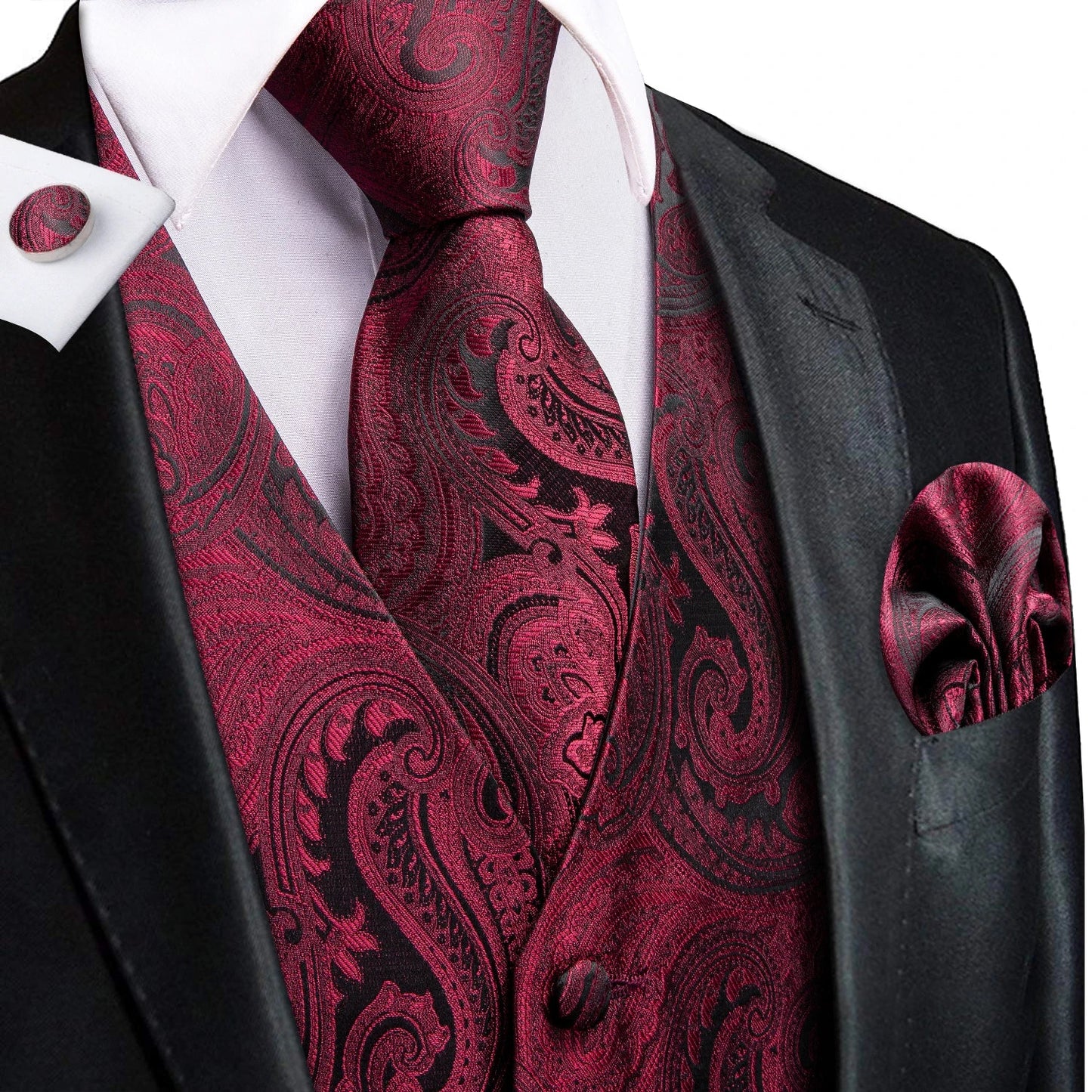 Men Vest Tie Elegant Solid Dress Sleeveless Jacket 4PC Hanky Cufflink Paisley Suit Waistcoat Wedding Gift Hi-Tie