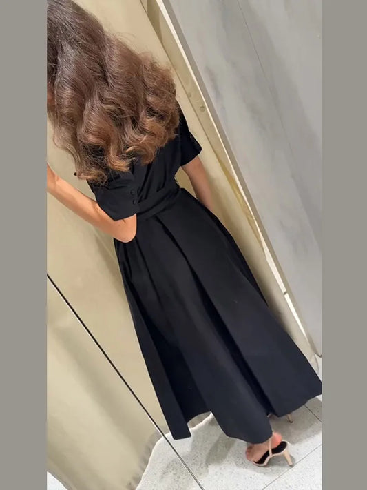 Elegant Belt Women Long Black Dress Full Sleeve Pleated Lapel Waist-Closed Female A Line Dresses 2026 Spring Lady Robes New