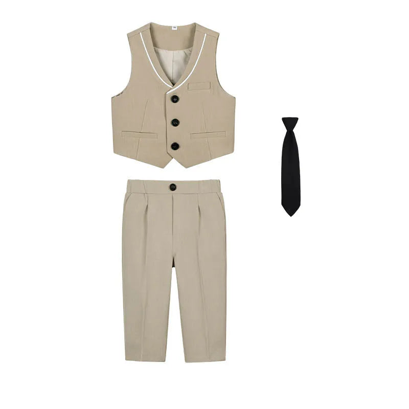 Children Spring Khaki Vest Shirt Pants Tie Photograph Suit Boys Formal Ceremony Tuxedo Dress Kids Wedding Performance Costume