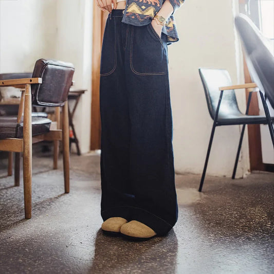 Women’s Loose Straight Leg Denim Jeans Casual Pants with Paris Buckle Wide Leg Autumn Vintage Trousers