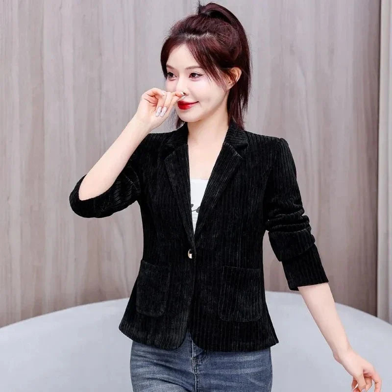 New Casual Suit Jackets Spring Autumn Slim Women‘s Blazer One Button Notched Collar Solid Coat Female Short Jacket Bkack Outwear