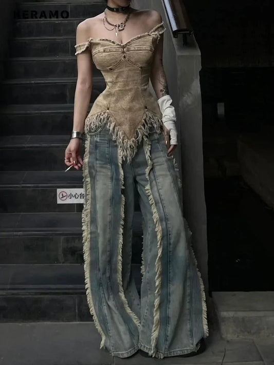 Women's Washed Y2K Baggy Japanese 2000s Denim Trouser Vintage Casual Tassels Pants Female Street Trashy Retro High Waist Jeans