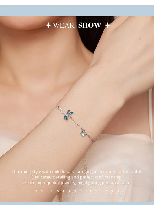 Bracelet libellule en argent sterling 925 émail vert et bleu, maillons de chaîne insecte pour femme, serti pavé de zircons, bijoux fantaisie