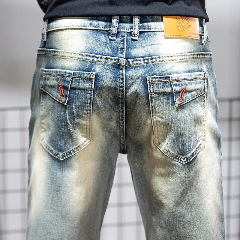 Summer Men's Denim Shorts Retro Motorcycle Elastic Cotton Fashion Knee Length Short Jeans Zipper Hip Hop Rock Streetwear
