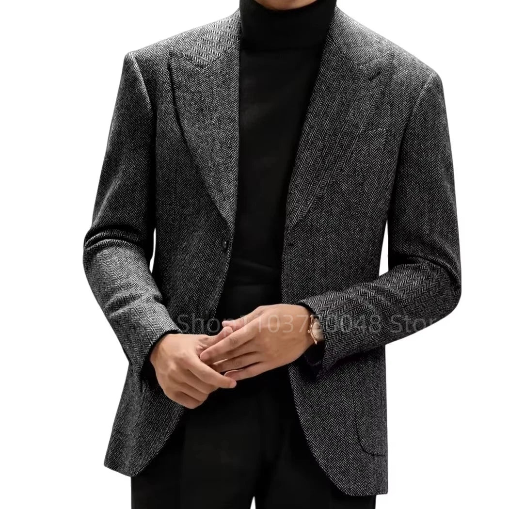 Men's Brown Herringbone Tweed Blazer Single Breasted Two Buttons Prom Tuxedo Business Wedding Jacket Wool Suit Coat