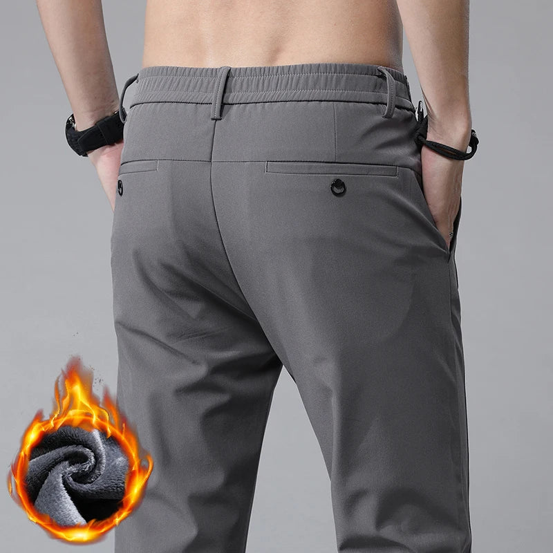 Korean Men's Warm Golf Pants Slim Straight Winter Thick Fleece Casual Pants Business Fashion Stretch Thermal Trousers Male