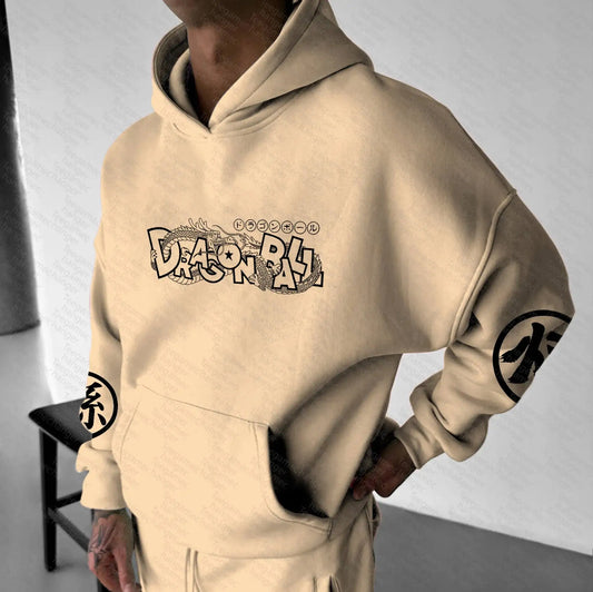 DRAGON BALL Goku Khaki Hoodie Men Women Anime Character Print Pullover with Japanese Kanji Sleeve Design and Chest Logo Casual