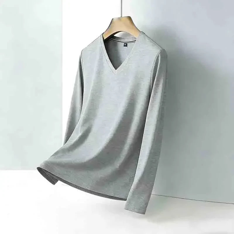 Minimalist Men's V-neck Long Sleeve T-shirt Soft Knitted Fabric Comfortable Top for All Seasons