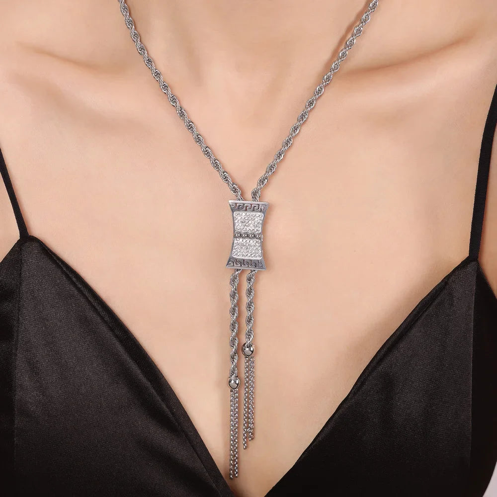 Stainless Steel Rhinestone Pendant Neck Choker Long Sweater Necklace For Women Fashion Gold Plated Jewelry طقم مجو