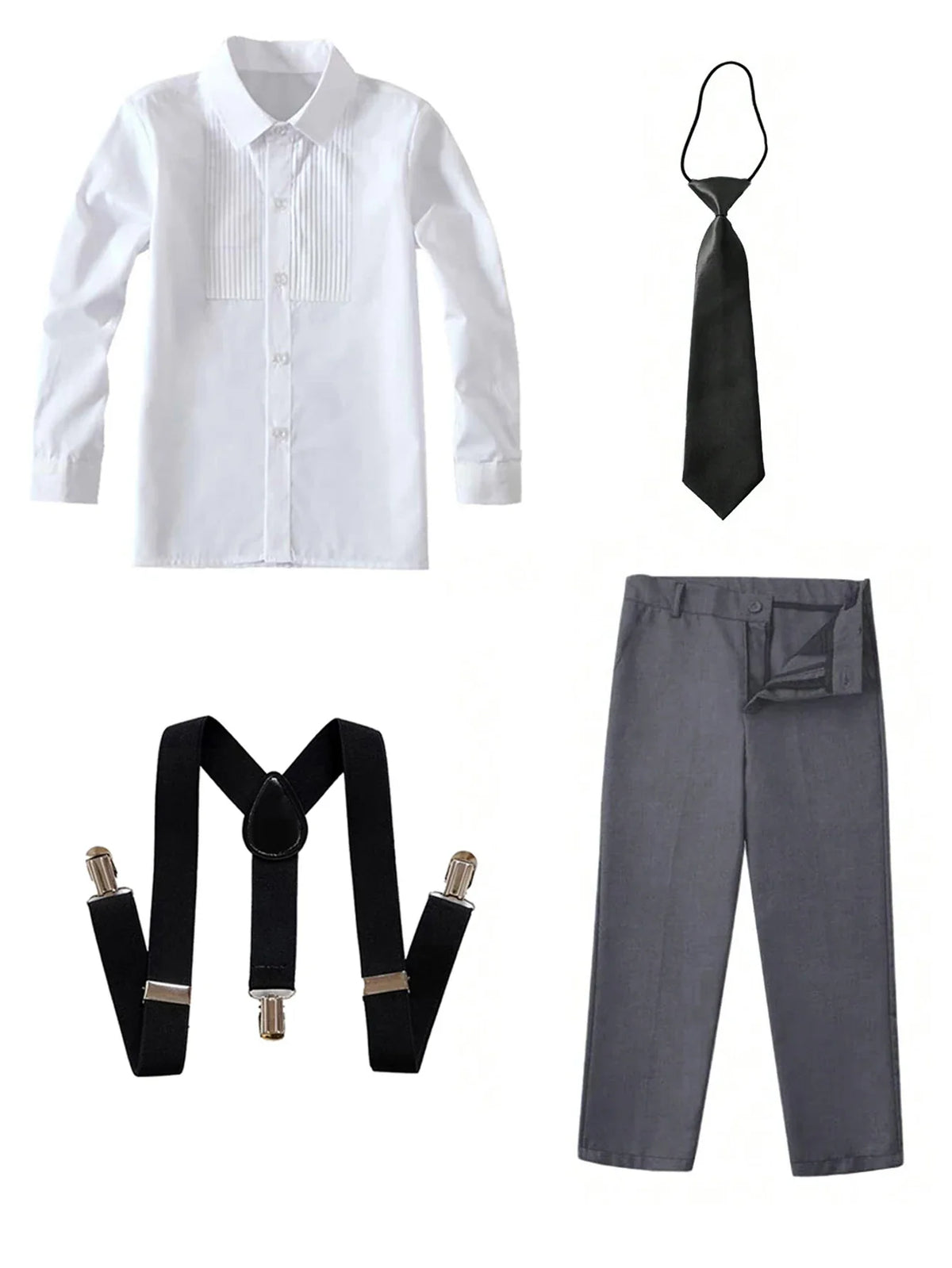 4pcs/set Boys' Suit Set With Shirt , Pants Tie And Straps School Uniforms